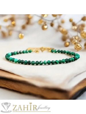 Мега яка гривна за ръка или глезен от естествен малахит 3 мм топче и стоманени елементи, закопчалка и удължител - GA3003